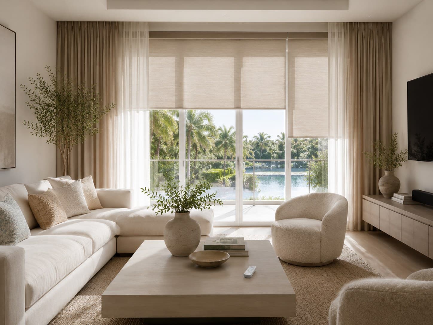 Motorized shades in a bright South Florida living room