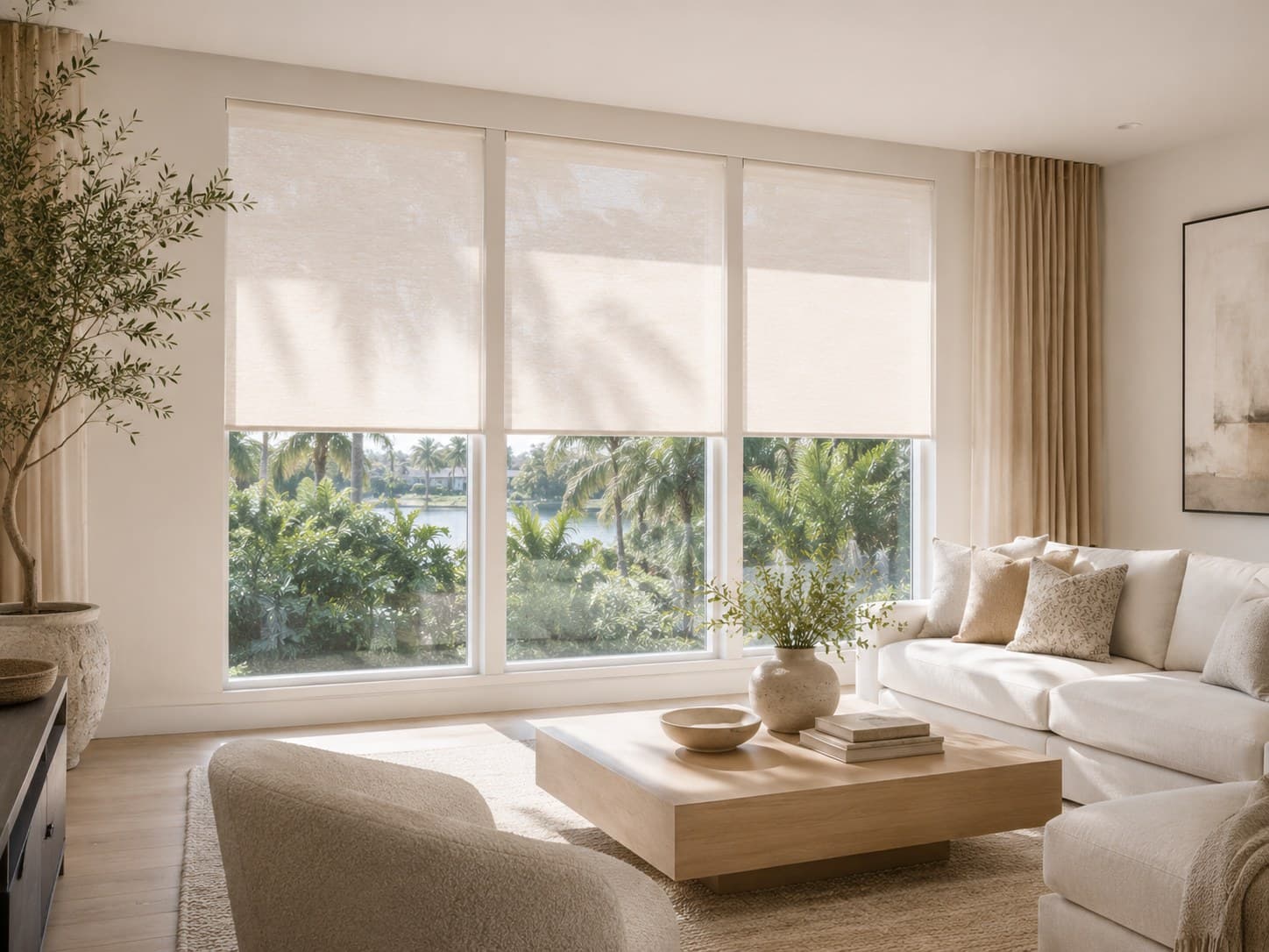 Commercial style roller shades with bright natural light