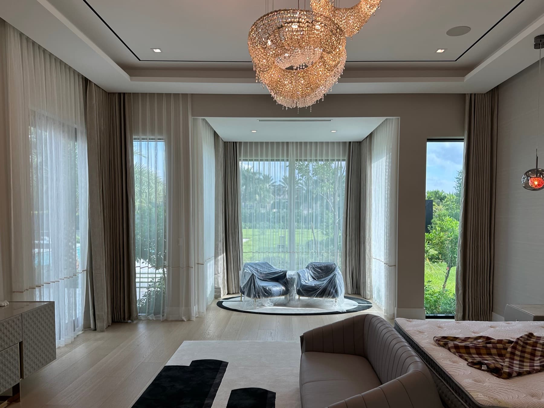 Close detail of custom drapery fabric installed in a South Florida home